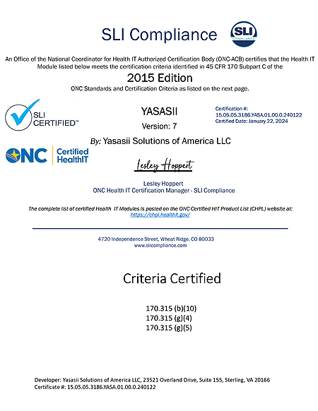 SLI Compliance - ONC - ACB Certified Health IT - Yasasii Version 7